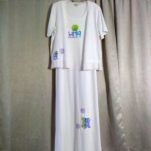 Vintage 90's Focus 2 Piece Dress Set White with Cat Theme Size L